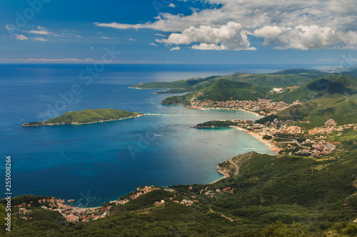 Panoramic landscape of Budva riviera in Montenegro. Balkans, Adriatic sea, Europe. View from the top of the mountain.