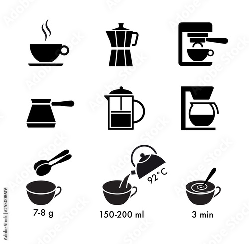 Coffee brew methods. Vector elements on white background. Ready for your design. Ideal suite for your idea, presentation, promo, ad, packaging and etc. EPS10.