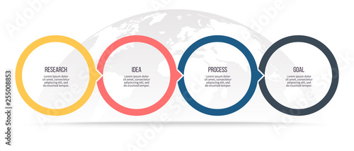 Business infographics. Timeline with 4 steps, options, circles. Vector template.