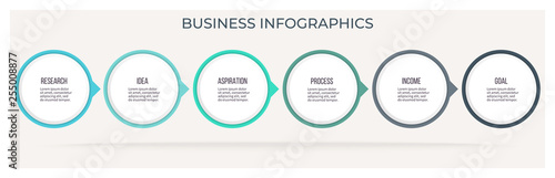 Business infographics. Timeline with 6 steps, options, circles. Vector template.
