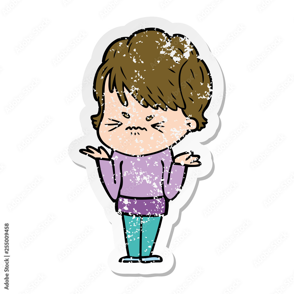 distressed sticker of a cartoon frustrated woman distressed sticker of a cartoon frustrated woman
