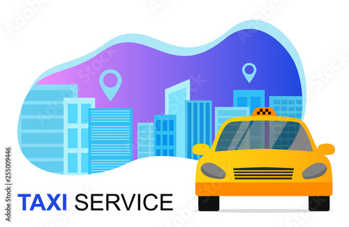 Taxi service concept. Taxi car and Cityscape. Vector banner
