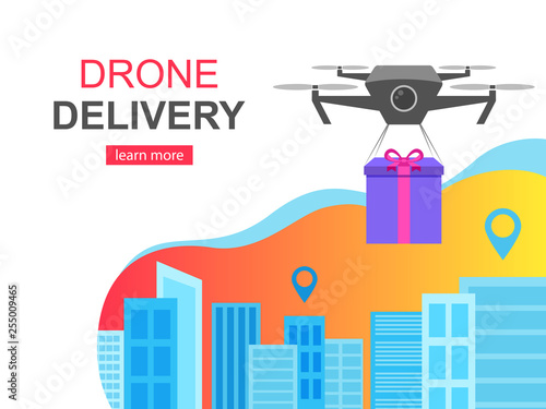 Flying Drone delivery present and Cityscape, Big city Modern technologies concept, Vector Illustration, Landing page template