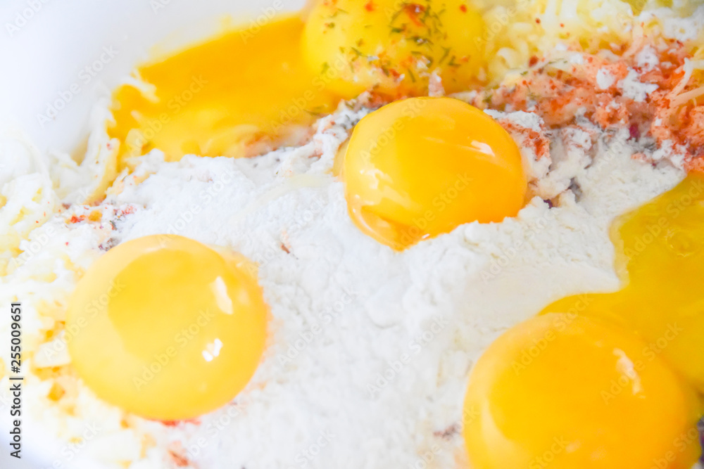 raw yolks lie on white flour cooking spices top view abstraction raw yolks lie on white flour cooking spices top view abstraction