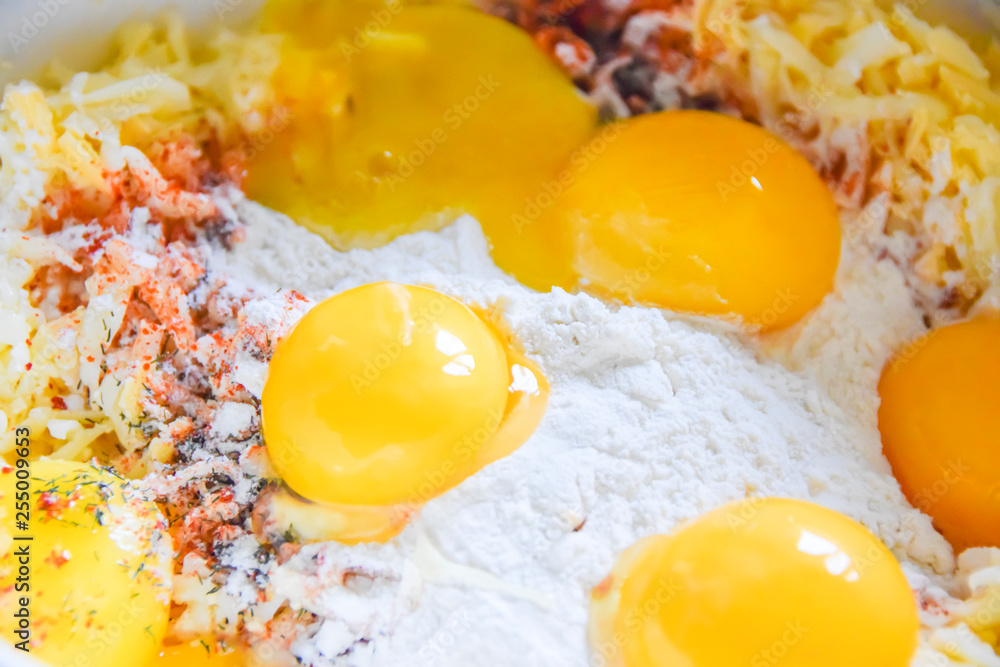 raw yolks lie on white flour cooking spices top view abstraction raw yolks lie on white flour cooking spices top view abstraction