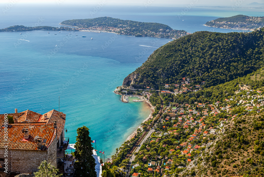 Aerial panoramic view of French Riviera, coastline with crystal clear blue water from Eze village near Nice Cote d'azur, France. Holidays in France.