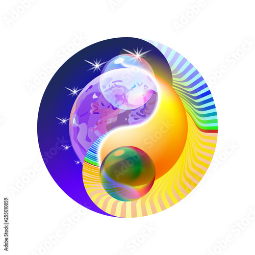 Sacral decor concept Yin and Yang mandala. Colorful sun or ornamental moon, spiritual relaxation of modern blue cosmic. Beautiful decorative luxury glow stars illuminated. Design vector illustration