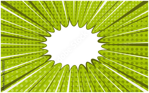 Light green exploding retro comic background with halftone shadow and circle of dark and light stipes. Horizontal cartoon backdrop with bubble for comics book, advertising design, poster, print