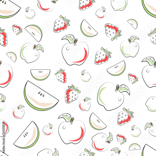 Seamless pattern with a juicy slice of an apple, apple and strawberry. Hand drawn imitation