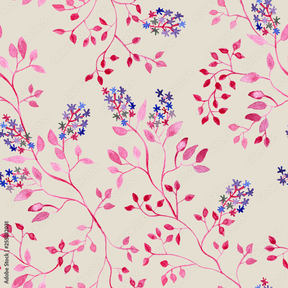 Pink branch with flowers, watercolor painting - seamless pattern on beige or gray background Pink branch with flowers, watercolor painting - seamless pattern on beige or gray background