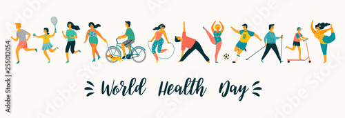 World Health Day. Vector illustration of people leading an active healthy lifestyle.
