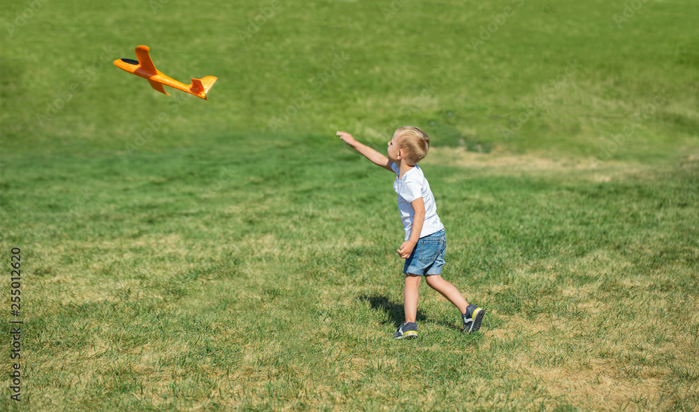 Young boy playing airplane on the meadow