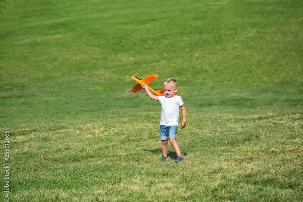 Fototapeta premium Young boy playing airplane on the meadow