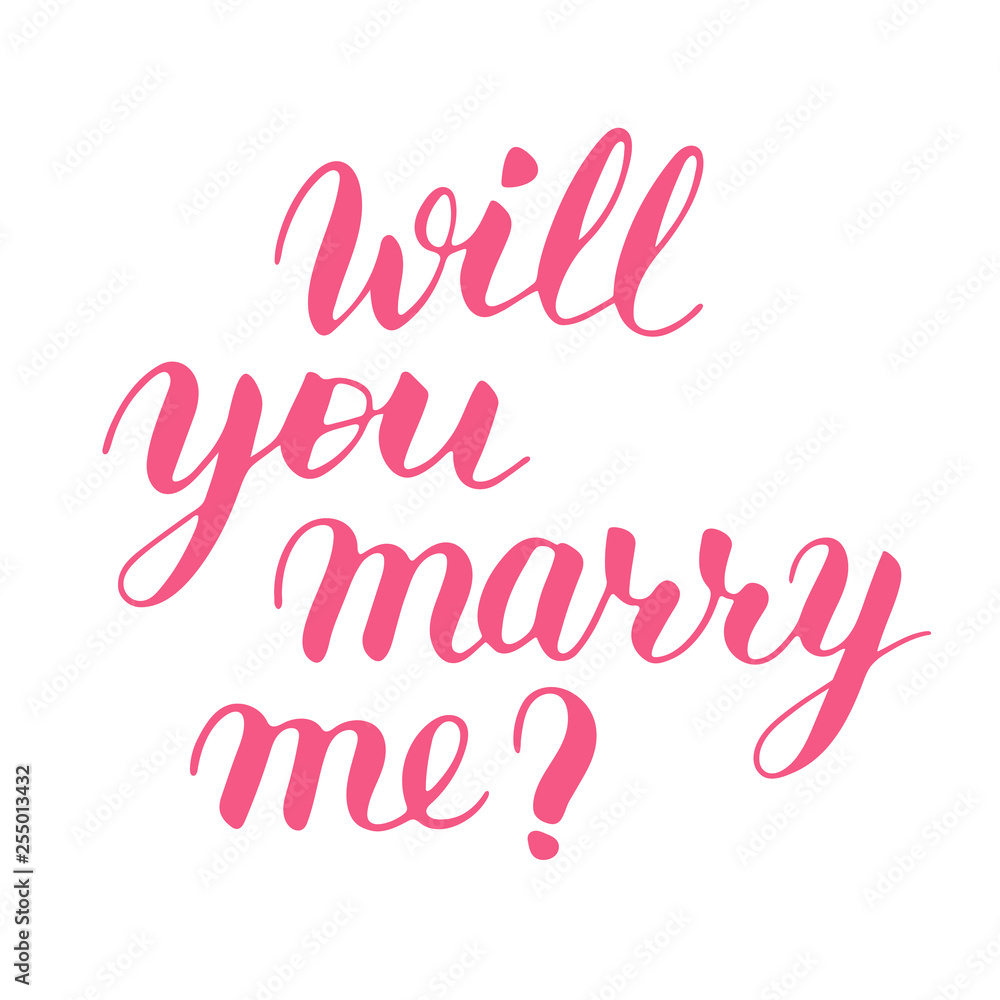 Will you marry me hand drawn vector lettering. Isolated pink sign for propose and pop the question without background, script calligraphy. Brush calligraphy imitation, vector art for postcard