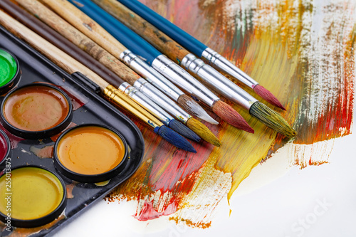 Paint brushes and paints for drawing.