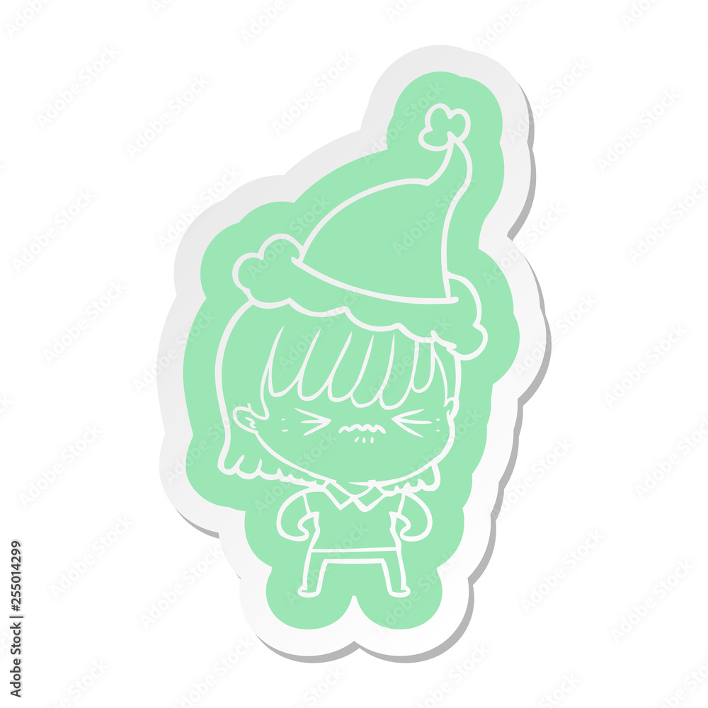 annoyed cartoon  sticker of a girl wearing santa hat