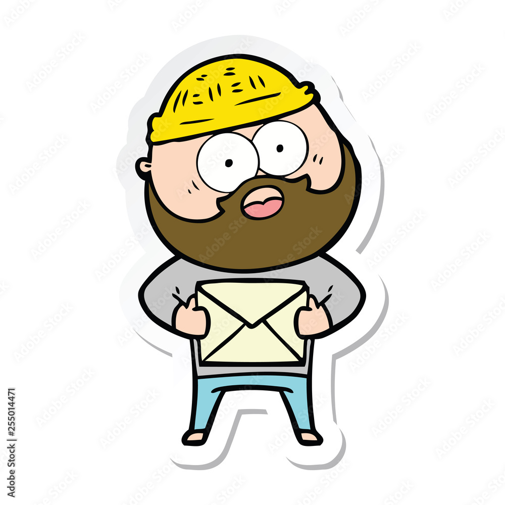 sticker of a cartoon surprised bearded man holding letter