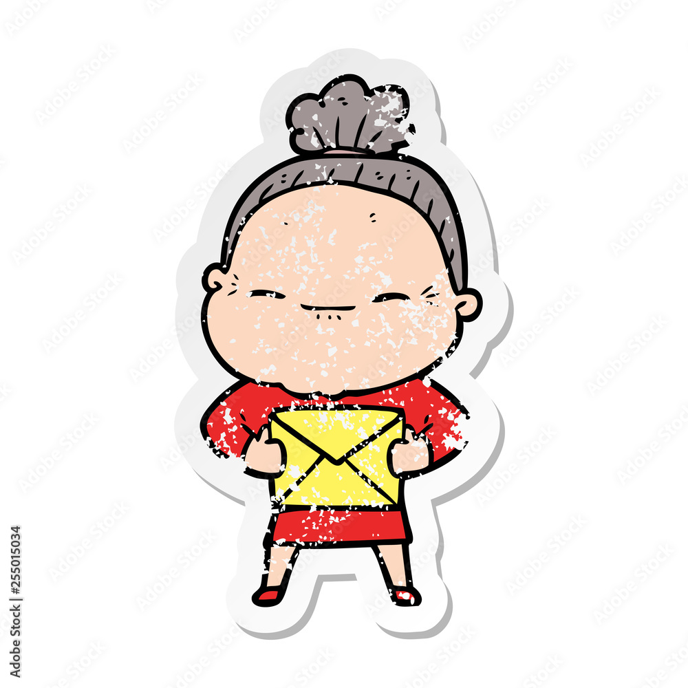 distressed sticker of a cartoon peaceful old woman