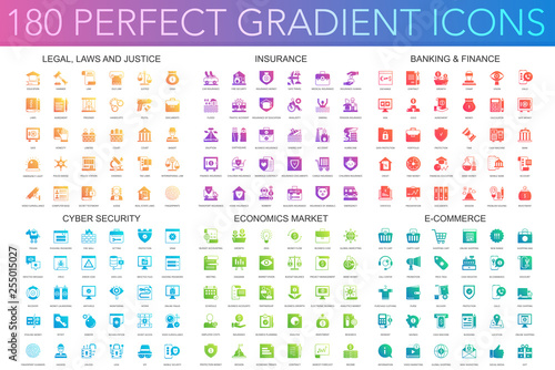 180 trendy perfect gradient icons set of legal, laws and justice, insurance, banking finance, cyber security, economics market, e-commerce.