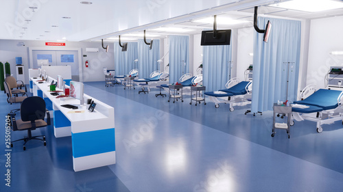 Interior of emergency room in modern clinic with row of empty hospital beds, nurses station and various medical equipment. 3D illustration on health care theme from my own 3D rendering file.
