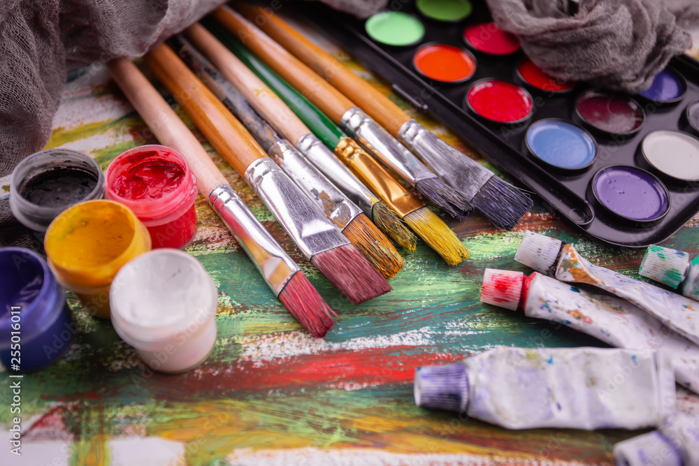 Paint brushes and paints for drawing. Paint brushes and paints for drawing.