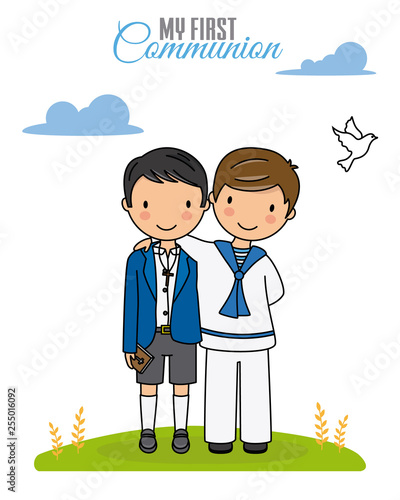 First communion card. Two boys dressed in communion