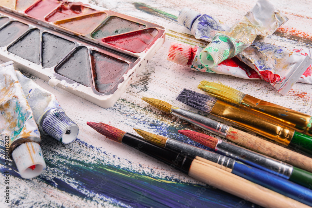 Paint brushes and paints for drawing. Paint brushes and paints for drawing.