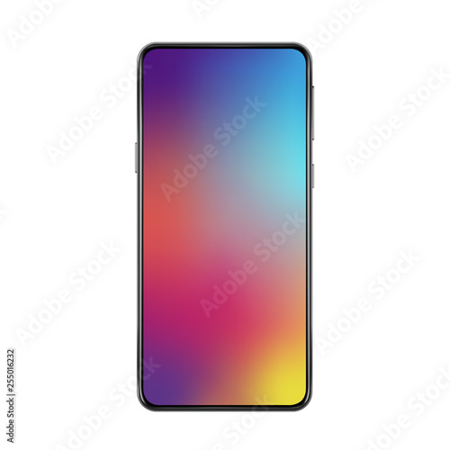 New version of black slim full frameless realistic vector smartphone with modern gradient mesh wallpaper.