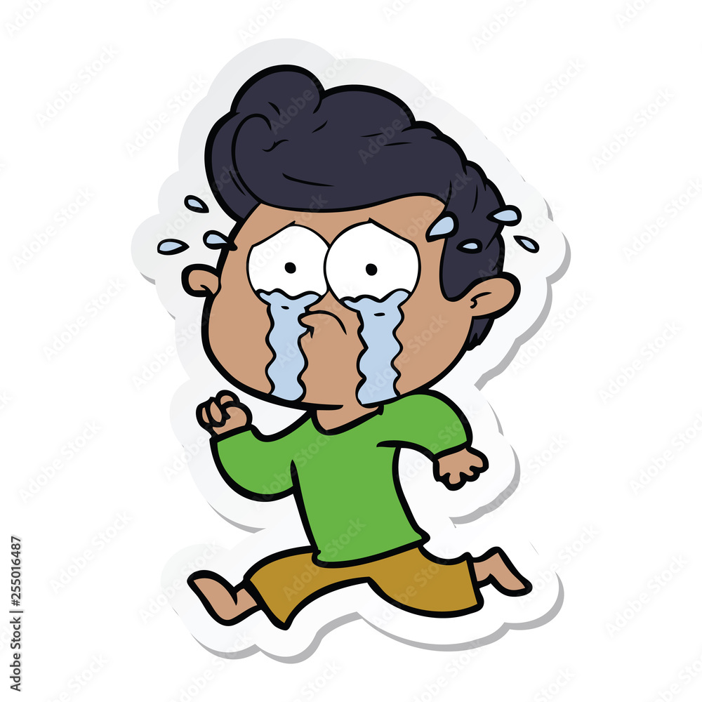 sticker of a cartoon crying man running