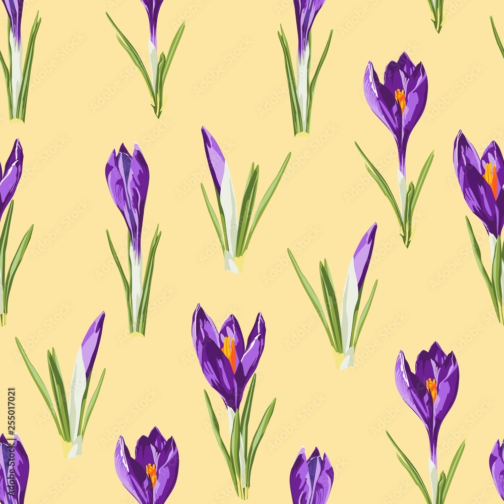 Violet crocuses flowers seamless pattern. Watercolor style Illustration. Spring yellow background. Violet crocuses flowers seamless pattern. Watercolor style Illustration. Spring yellow background.