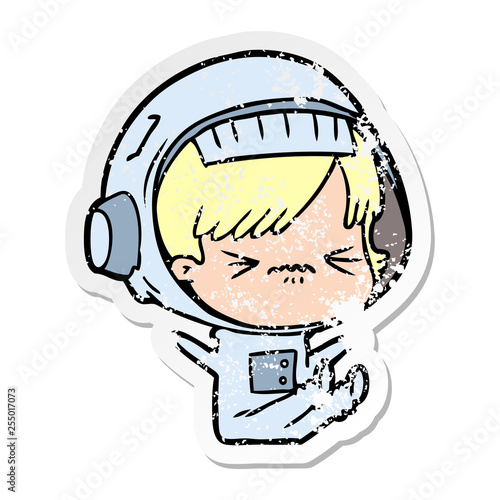 distressed sticker of a cartoon space girl throwing a tantrum