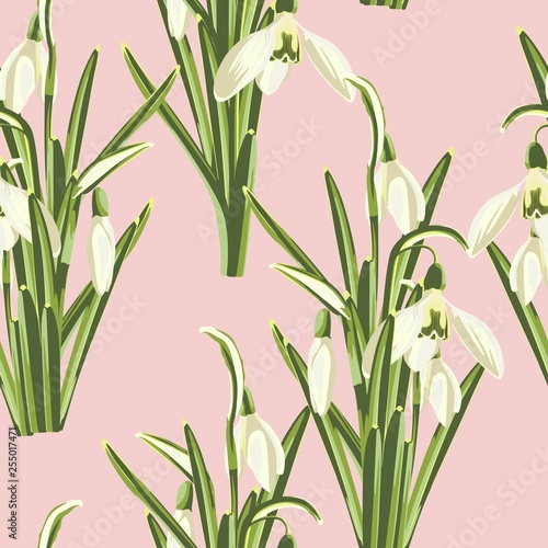 Seamless pattern with white snowdrop flowers with green leaves bouquet  on a pink background.