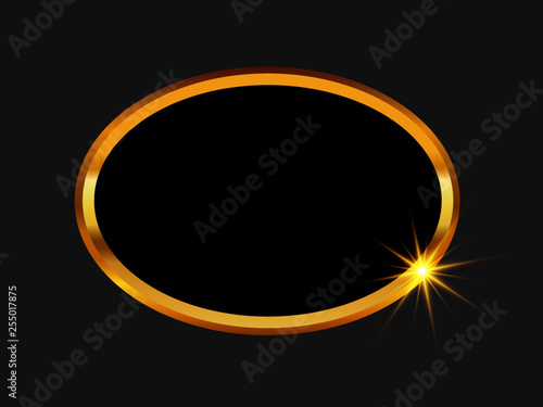 Elliptical ribbed golden frame with bright eight-pointed star and black base, vector illustration