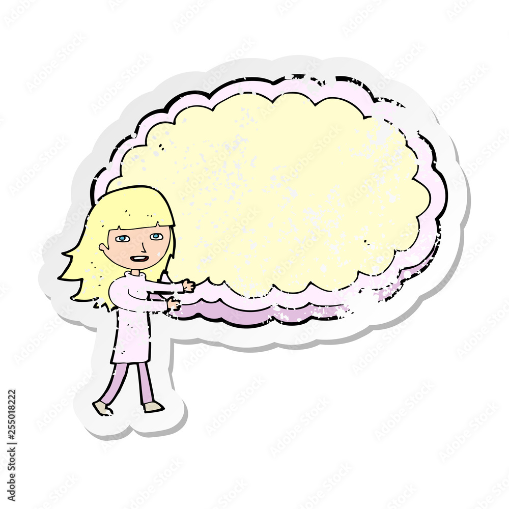 retro distressed sticker of a cartoon girl with cloud text space retro distressed sticker of a cartoon girl with cloud text space