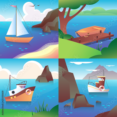 Set of landscape with boats. Vector illustration with ships on the different background (blue sea, ocean or lake, mountains, and trees).