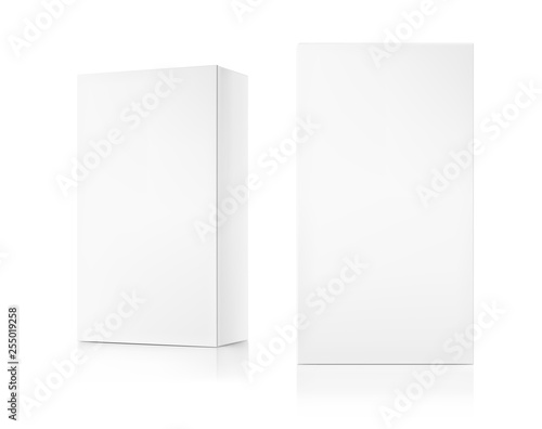 Realistic cardboard boxes mockup set. Front and perspective views. Vector illustration isolated on white background. Can be use for food, medicine, cosmetic and etc. Ready for your design. EPS10.	