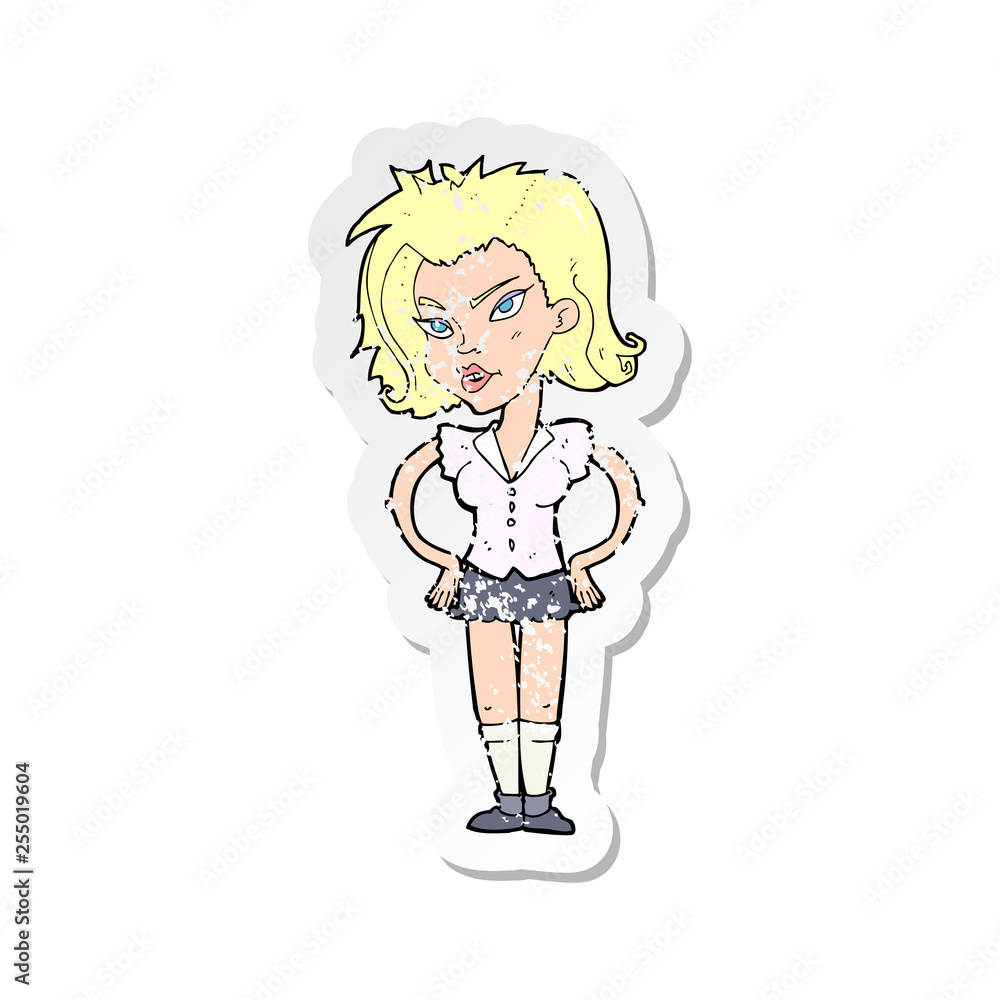 Fototapeta premium retro distressed sticker of a cartoon woman with hands on hips