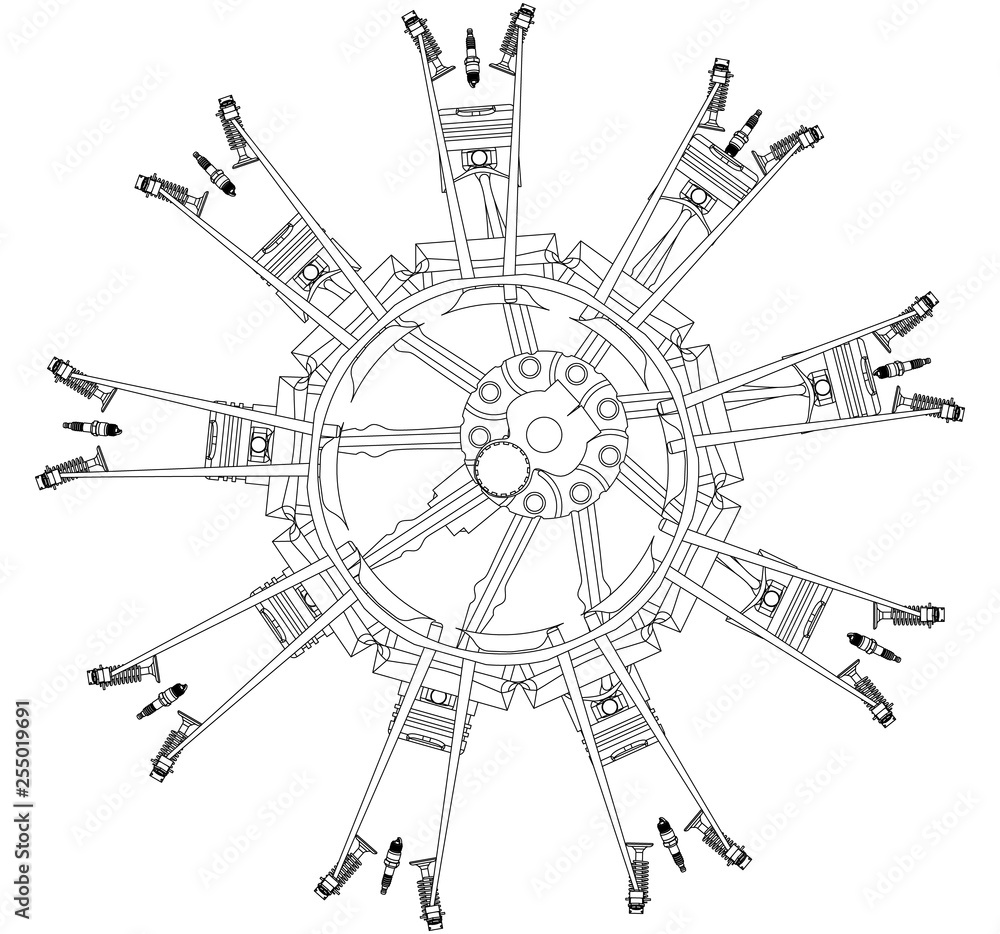 Obraz premium Disassembled radial engine on a white