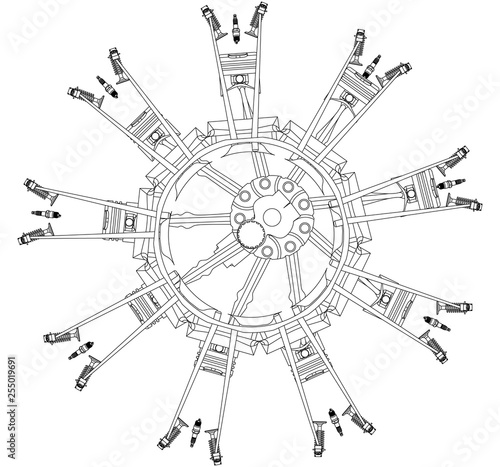 Disassembled radial engine on a white