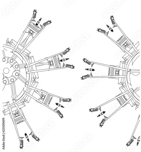 Disassembled radial engine on a white