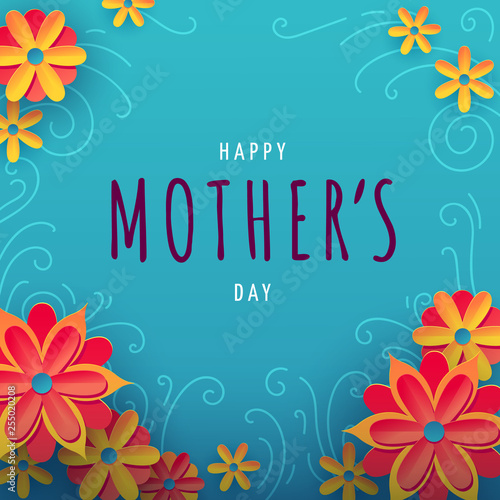 Square vector illustration for mothers day with typography, colorful flowers and floral ornament on background. Illustration with words happy mother's day