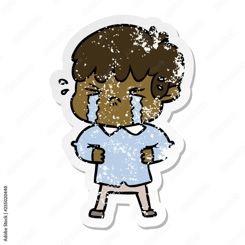 distressed sticker of a crying boy cartoon