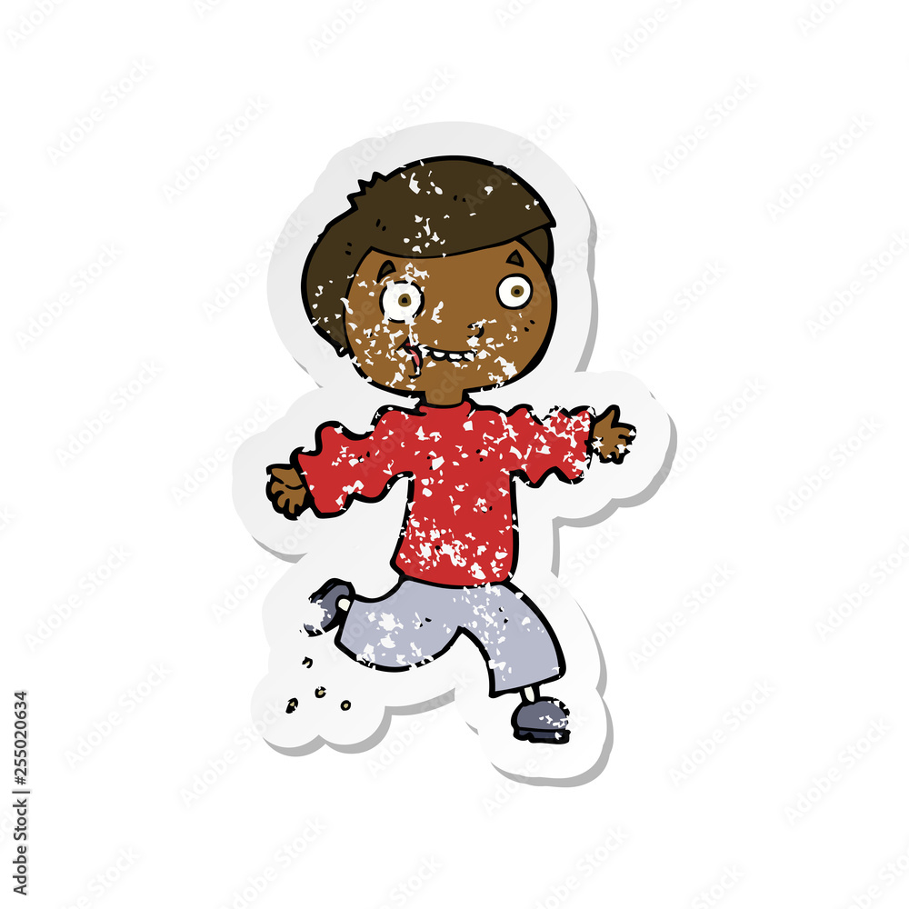 retro distressed sticker of a cartoon excited boy retro distressed sticker of a cartoon excited boy