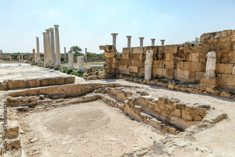 Famagusta, Turkish Republic of Northern Cyprus. Columns and sculptures at Ancient City Salamis Ruins.