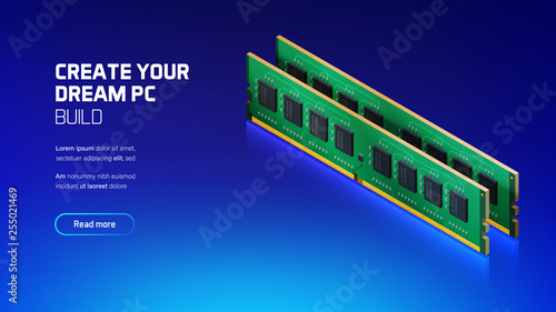 RAM memory realistic 3d isometric illustration, personal computer hardware components, custom gaming and workstation accessories, pc store and service