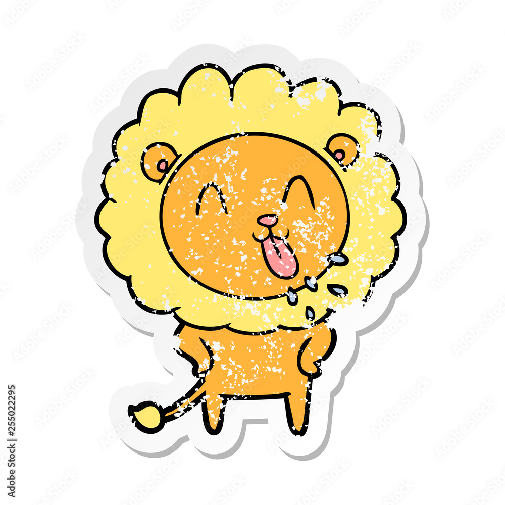 Obraz premium distressed sticker of a happy cartoon lion