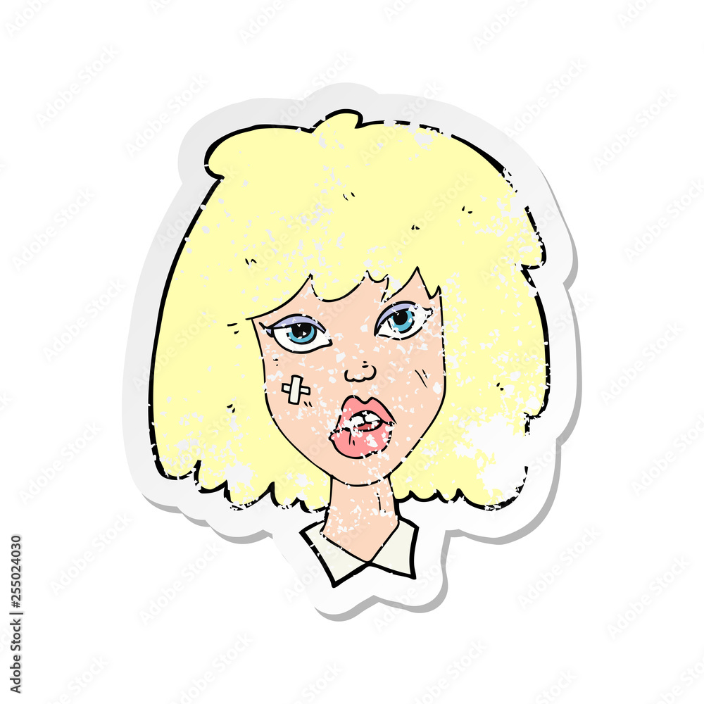 retro distressed sticker of a cartoon woman with bruised face retro distressed sticker of a cartoon woman with bruised face