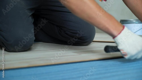 Builder renovating apartment. Repair of the apartment, laying laminate flooring. Construction. photo