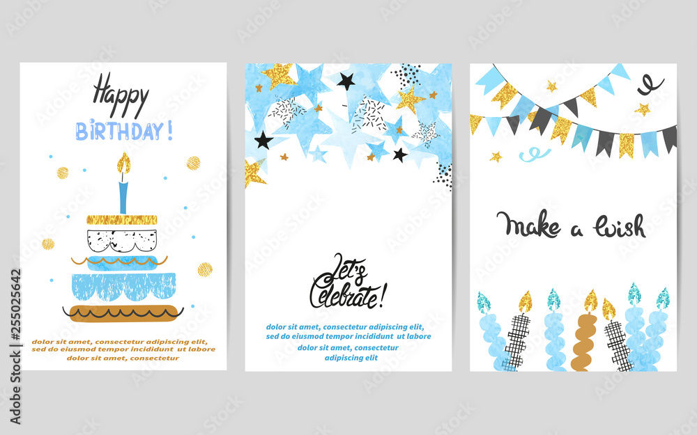 Fototapeta Happy Birthday cards set in blue and golden colors
