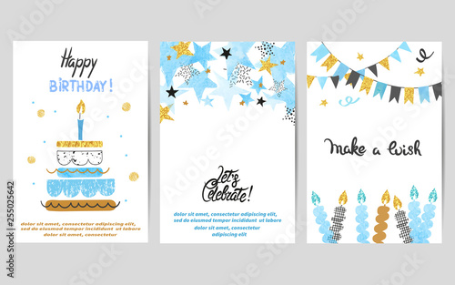 Happy Birthday cards set in blue and golden colors. Celebration vector templates with birthday cake and stars
